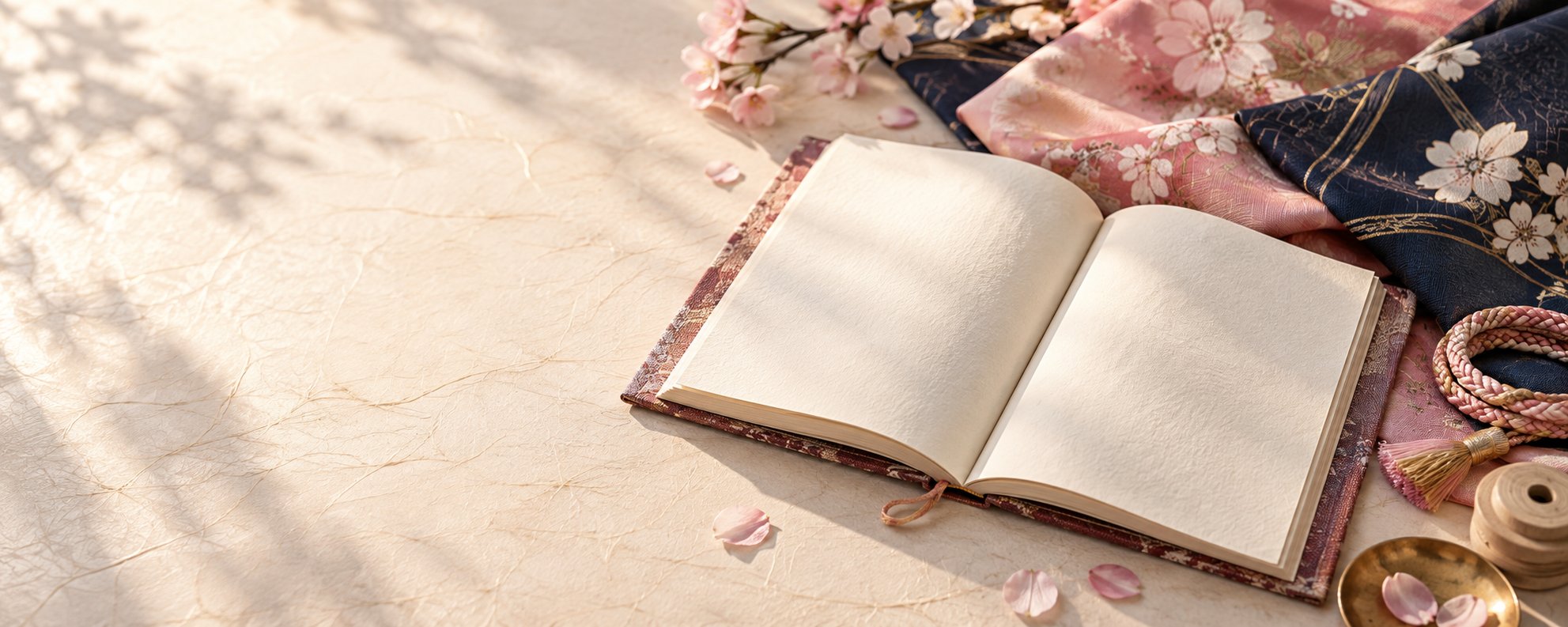 和紙の上に開かれた日誌と、桜色と藍色の着物生地