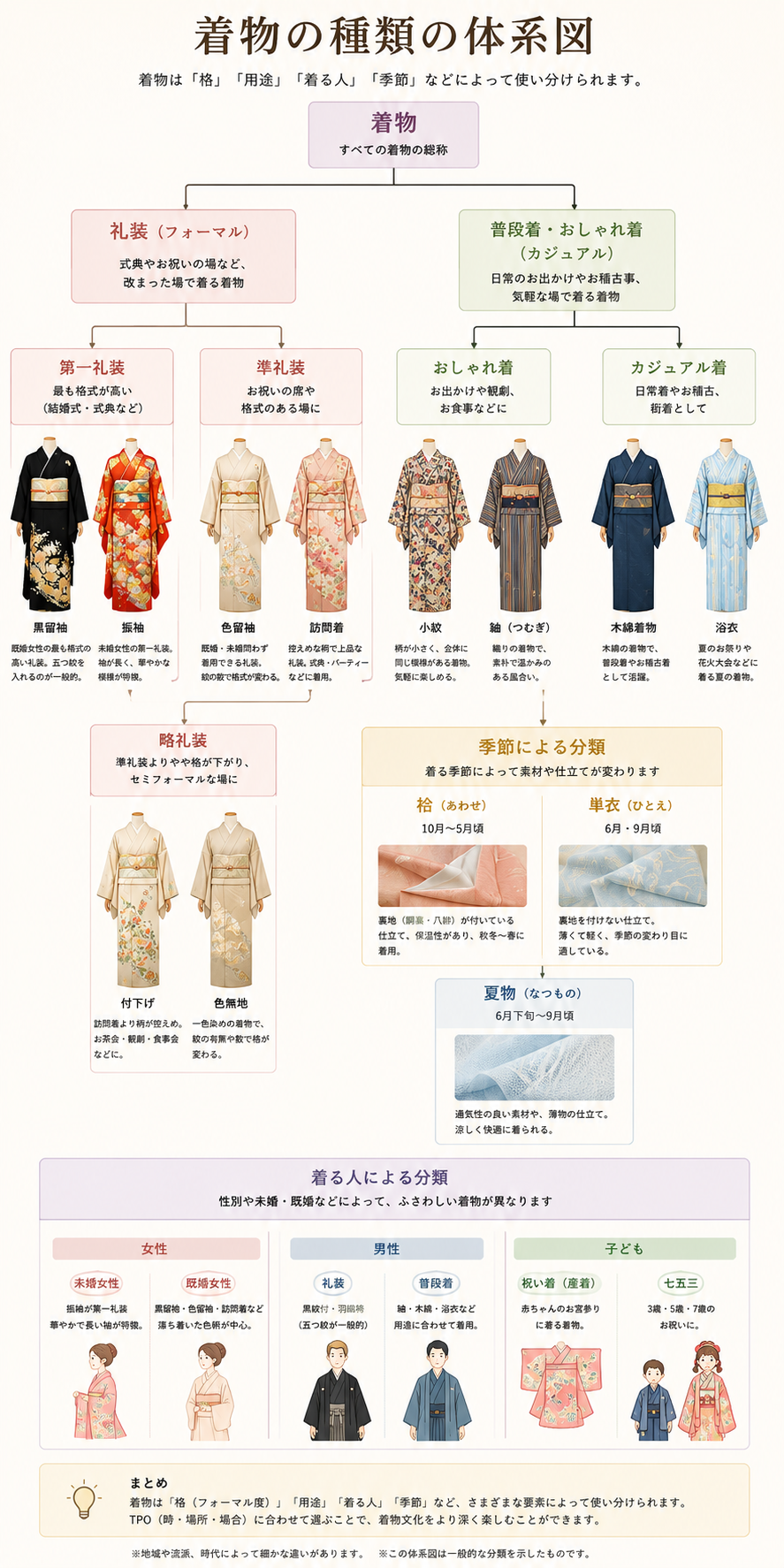 着物の種類の体系図。礼装、普段着、季節、着る人による分類を、黒留袖、振袖、訪問着、小紋、紬、浴衣などの例とともに整理しています。